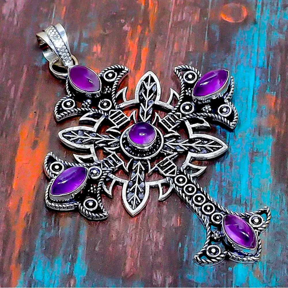 B🔮Cross Sage Amethyst Gemstone Handmade Gift Jewelry Pendant 3.35"